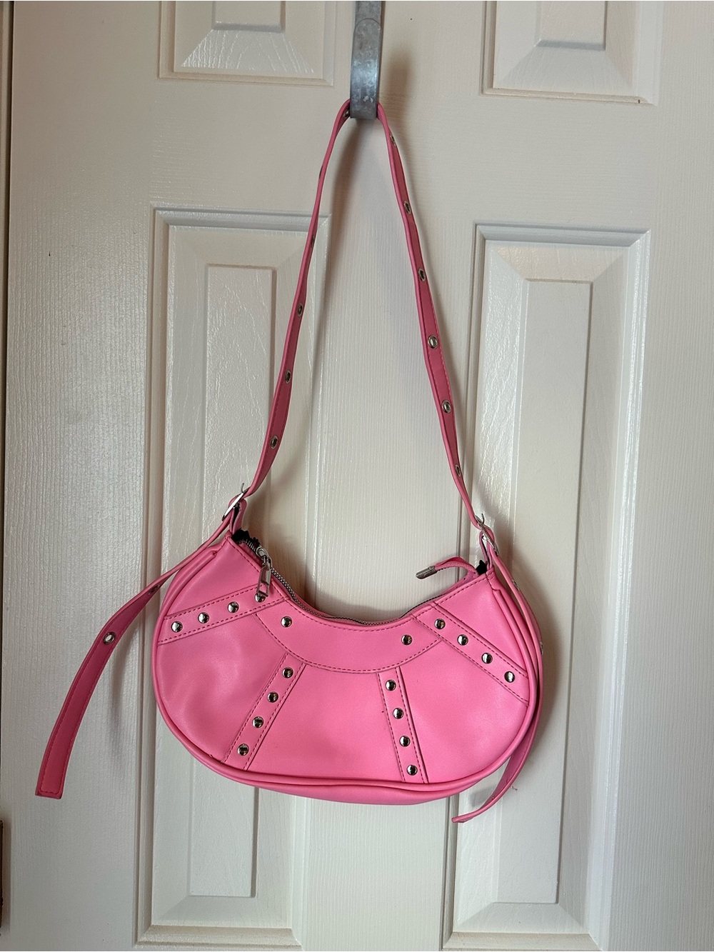 Pink Studded Crescent Shoulder Bag - Women